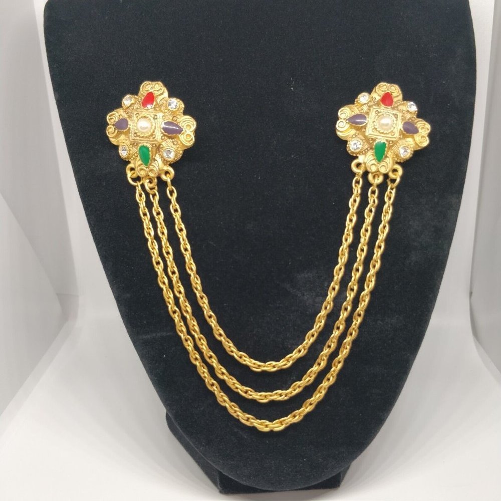 Vintage Double Brooch With Chains Gold Tone With Enamel Details Faux Pearl